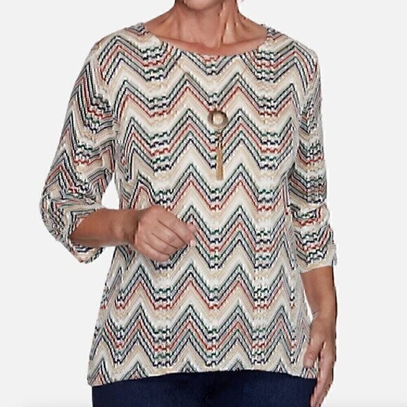 ALFRED DUNNER Hunter Mountain Zigzag Necklace Top Cream Beige Gold Chevron Knit - Picture 1 of 12